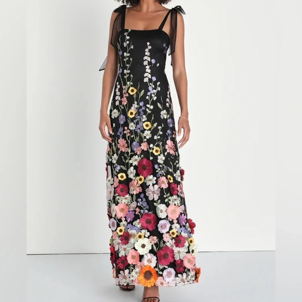 Lulus Thriving Poise Black 3D Floral Embroidered Tie-Strap Maxi Dress - Picture 1 of 2